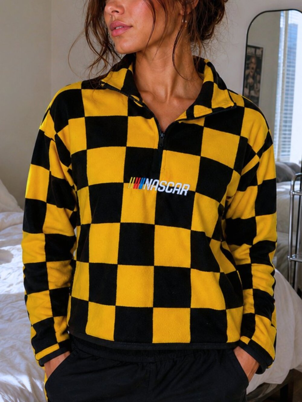 Official NASCAR Checkered Quarter Zip Fleece Medium Cropped Black Yellow Y2K